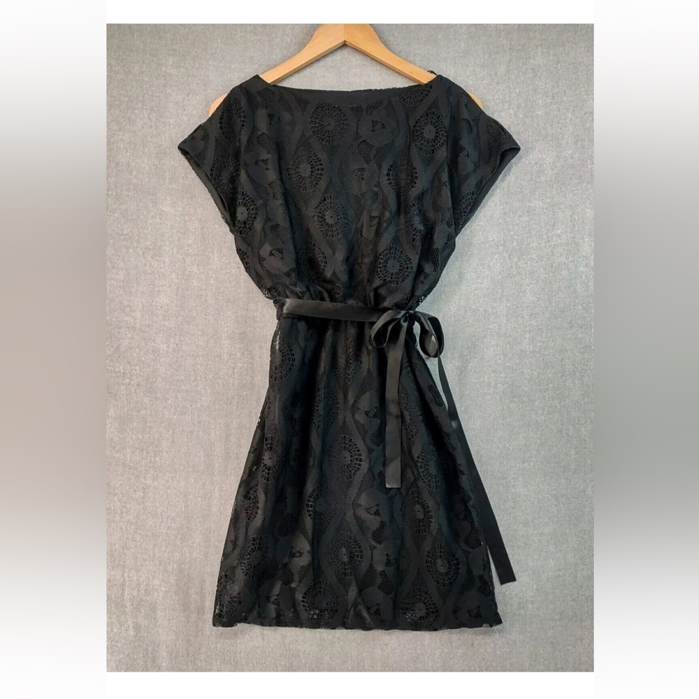 Black Lace Mini Dress with Slit Cap Sleeves and ribbon belt Size 8